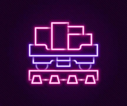 Glowing neon line Cargo train wagon icon isolated on black background. Full.. 스톡 일러스트