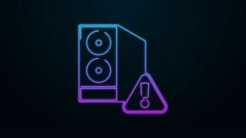 Glowing neon line Case of computer with exclamation mark icon isolated on black Stock Footage 156389844