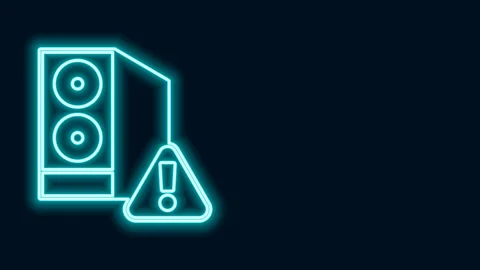 Glowing neon line Case of computer with exclamation mark icon isolated on black Stock Footage 156389852