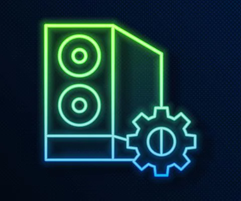 Glowing neon line Case of computer setting icon isolated on blue background Stock Illustration