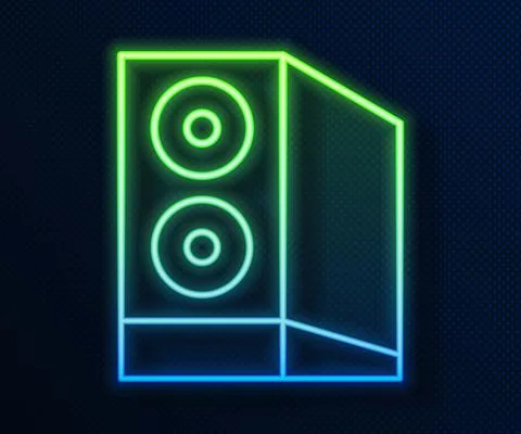 Glowing neon line Case of computer icon isolated on blue background. Computer Illustrazione stock