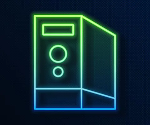 Glowing neon line Case of computer icon isolated on blue background. Computer 스톡 일러스트