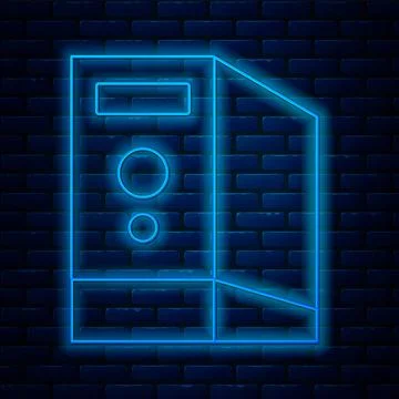 Glowing neon line Case of computer icon isolated on brick wall background Illustrazione stock