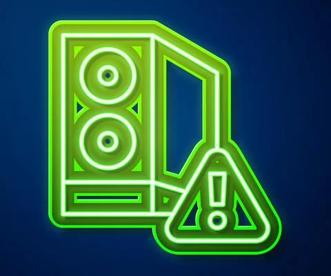 Glowing neon line Case of computer with exclamation mark icon isolated on blue Stock Illustration