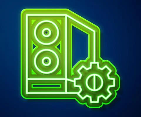 Glowing neon line Case of computer setting icon isolated on blue background Stock Illustration