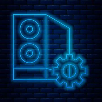 Glowing neon line Case of computer setting icon isolated on brick wall Illustrazione stock