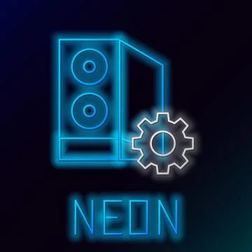 Glowing neon line Case of computer setting icon isolated on black background. Illustrazione stock