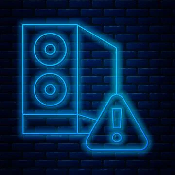 Glowing neon line Case of computer with exclamation mark icon isolated on brick Stockillustratie