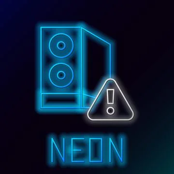 Glowing neon line Case of computer with exclamation mark icon isolated on black 库存插图