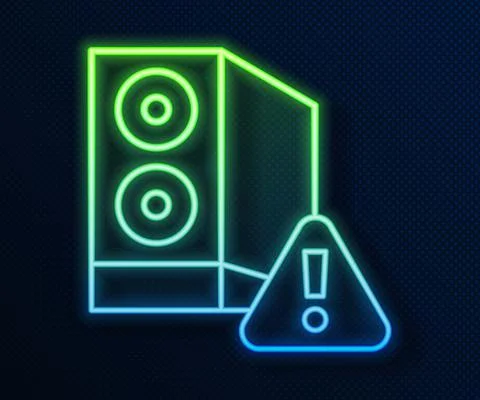 Glowing neon line Case of computer with exclamation mark icon isolated on blue Stock Illustration