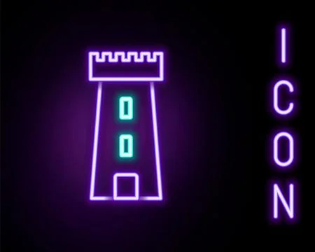 Glowing neon line Castle tower icon isolated on black background. Fortress .. Stock Illustration