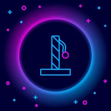 Glowing neon line Cat scratching post with toy icon isolated on black background Stock Illustration