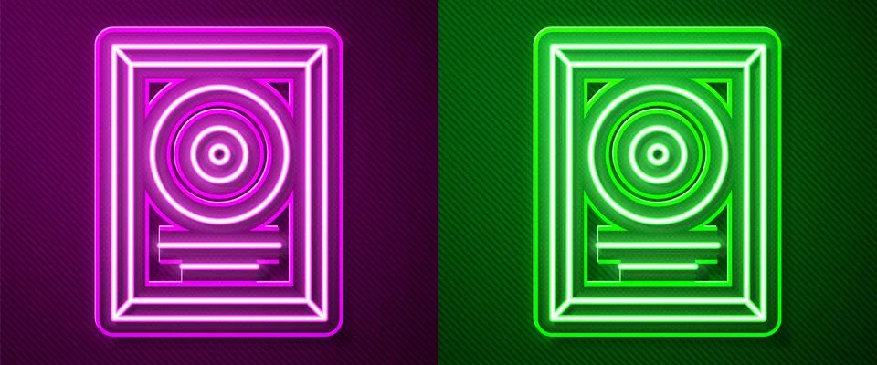 Glowing neon line CD disk award in frame icon isolated on purple and green 스톡 일러스트