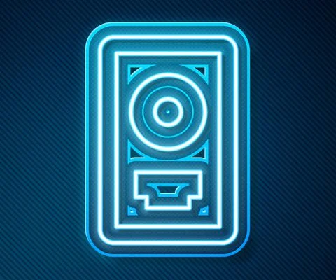 Glowing neon line CD disk award in frame icon isolated on blue background Stock Illustration