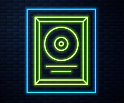 Glowing neon line CD disk award in frame icon isolated on brick wall backgrou Illustrazione stock