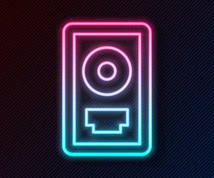 Glowing neon line CD disk award in frame icon isolated on black background... Stock Illustration