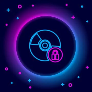 Glowing neon line CD or DVD disk with closed padlock icon isolated on black Stock Illustration