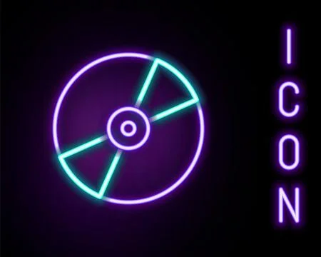 Glowing neon line CD or DVD disk icon isolated on black background. Compact.. Stock Illustration