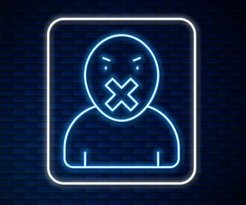 Glowing neon line Censor and freedom of speech concept icon isolated on brick Stock Illustration