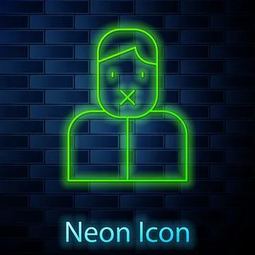 Glowing neon line Censor and freedom of speech concept icon isolated on brick Stock Illustration