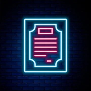 Glowing neon line Certificate template icon isolated on brick wall backgrou.. Stock Illustration