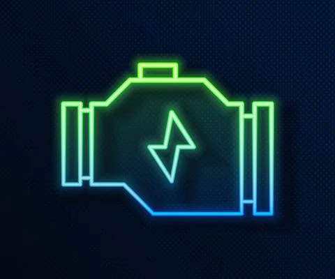 Glowing neon line Check engine icon isolated on blue background. Vector 스톡 일러스트