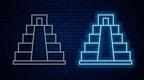 Glowing neon line Chichen Itza in Mayan icon isolated on brick wall backgro.. Ilustración de archivo