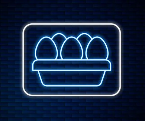 Glowing neon line Chicken egg in box icon isolated on brick wall background Stock Illustration