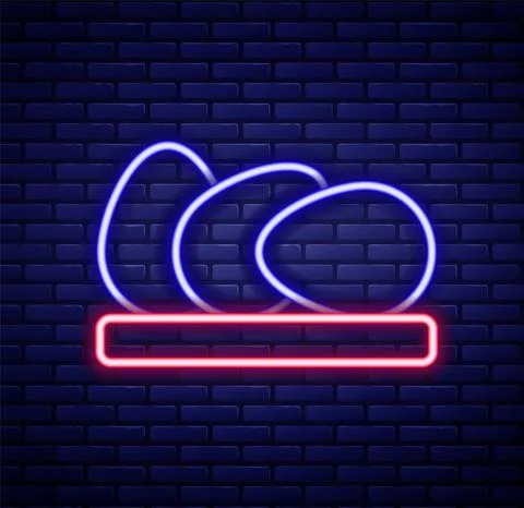 Glowing neon line Chicken egg icon isolated on brick wall background. Colorful Stock Illustration