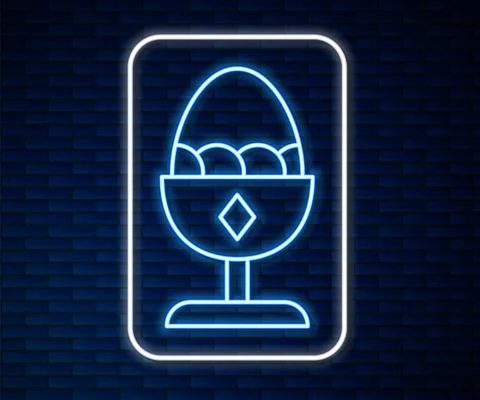 Glowing neon line Chicken egg on a stand icon isolated on brick wall background Stock Illustration
