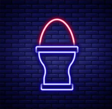 Glowing neon line Chicken egg on a stand icon isolated on brick wall background Stock Illustration