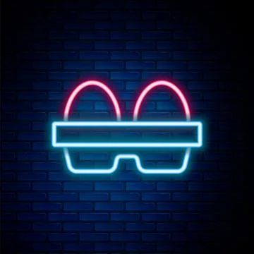 Glowing neon line Chicken egg in box icon isolated on brick wall background.. Stock Illustration