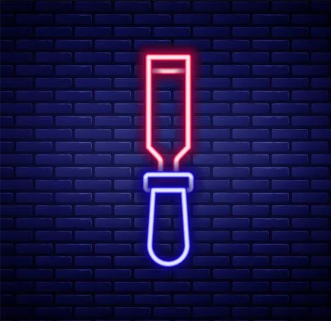 Glowing neon line Chisel tool for wood icon isolated on brick wall background Stock Illustration