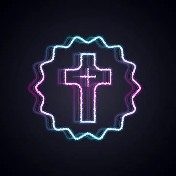 Glowing neon line Christian cross icon isolated on black background. Church c Stock Illustration