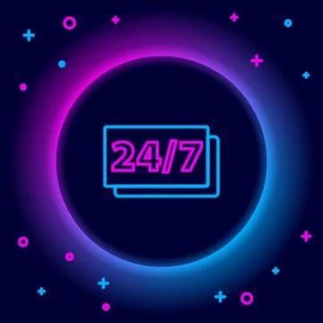 Glowing neon line Clock 24 hours icon isolated on black background. All day.. 스톡 일러스트