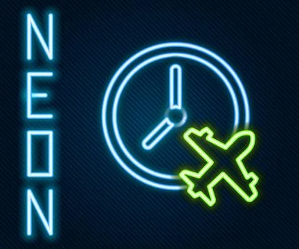 Glowing neon line Clock with airplane icon isolated on black background. Desi Stock Illustration