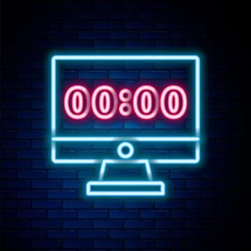 Glowing neon line Clock on computer monitor screen icon isolated on brick wall Stock Illustration