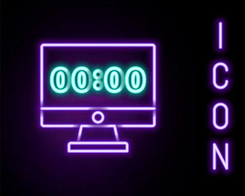 Glowing neon line Clock on computer monitor screen icon isolated on black Stock Illustration