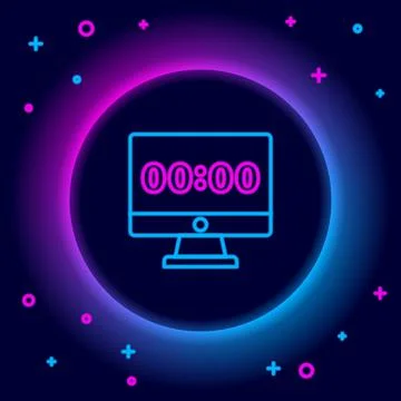 Glowing neon line Clock on computer monitor screen icon isolated on black Stock Illustration