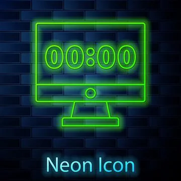 Glowing neon line Clock on computer monitor screen icon isolated on brick wall Stock Illustration