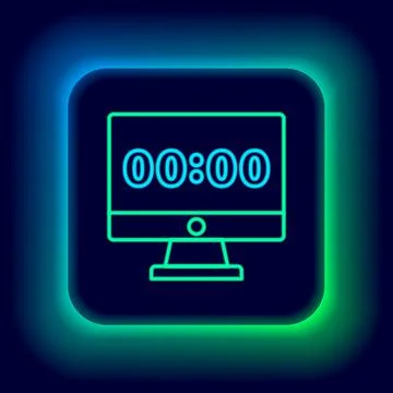 Glowing neon line Clock on computer monitor screen icon isolated on black Stock Illustration