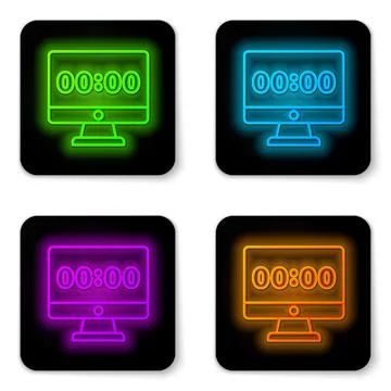 Glowing neon line Clock on computer monitor screen icon isolated on white Stockillustratie