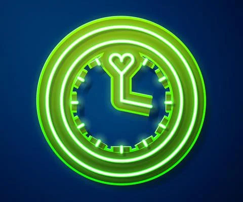 Glowing neon line Clock icon isolated on blue background. Time symbol. Vector Illustrazione stock