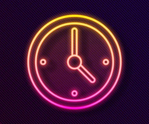 Glowing neon line Clock icon isolated on black background. Time symbol. Vector Illustrazione stock