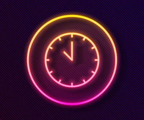 Glowing neon line Clock icon isolated on black background. Time symbol. Vector Illustrazione stock