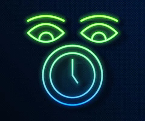 Glowing neon line Clock icon isolated on blue background. Time symbol. Vector Illustrazione stock