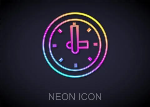 Glowing neon line Clock icon isolated on black background. Time symbol. Vector Illustrazione stock