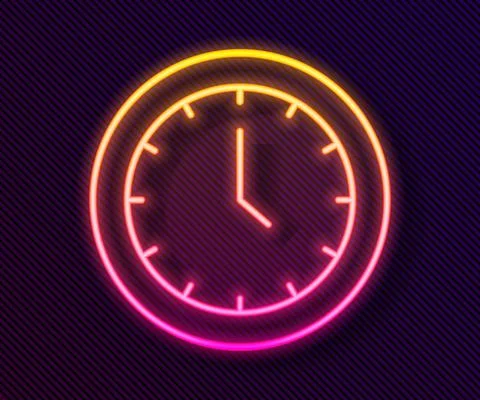 Glowing neon line Clock icon isolated on black background. Time symbol. Vector Illustrazione stock