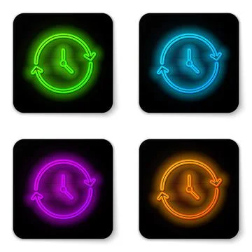 Glowing neon line Clock icon isolated on white background. Time symbol. Black イラスト素材