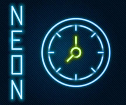 Glowing neon line Clock icon isolated on black background. Time symbol. Col.. Illustrazione stock